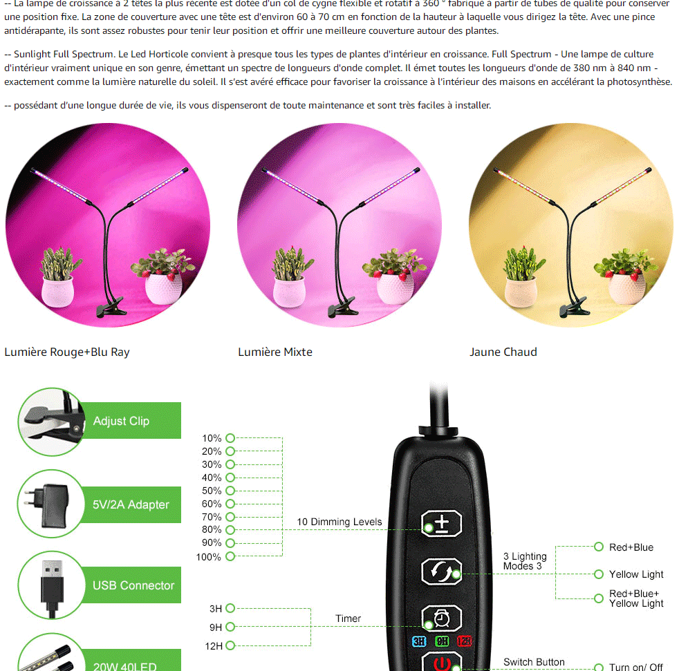 COKOLILA Lampe Led Horticole avec Dimmer, 1200W Lampe de Culture Spectre  Complet, Lampe de Plante avec 588pcs SMD LED, UV et IR pour Plantes